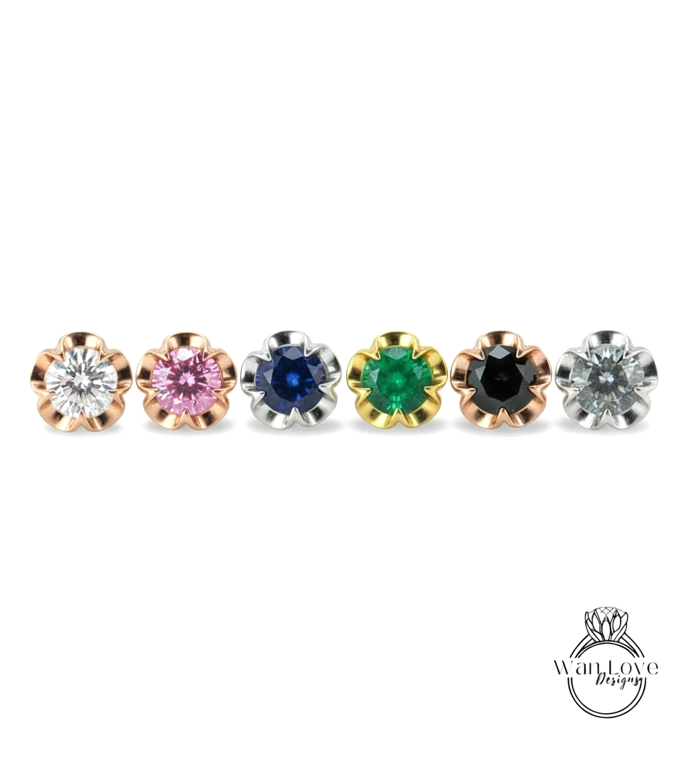 A row of six different colored gemstone earrings, each with a unique flower-shaped design, displayed against a white background.
