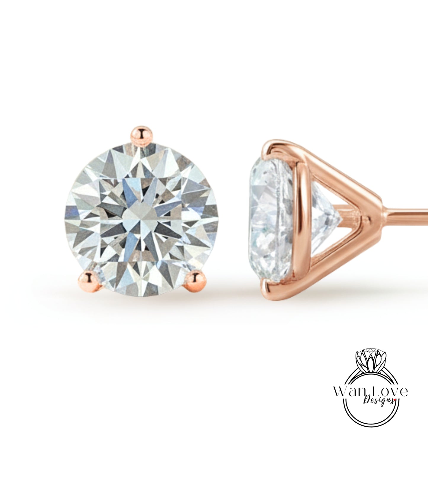 a pair of diamond earrings, one with a large round diamond and the other with a triangular cut diamond, both set in a rose gold-colored metal.
