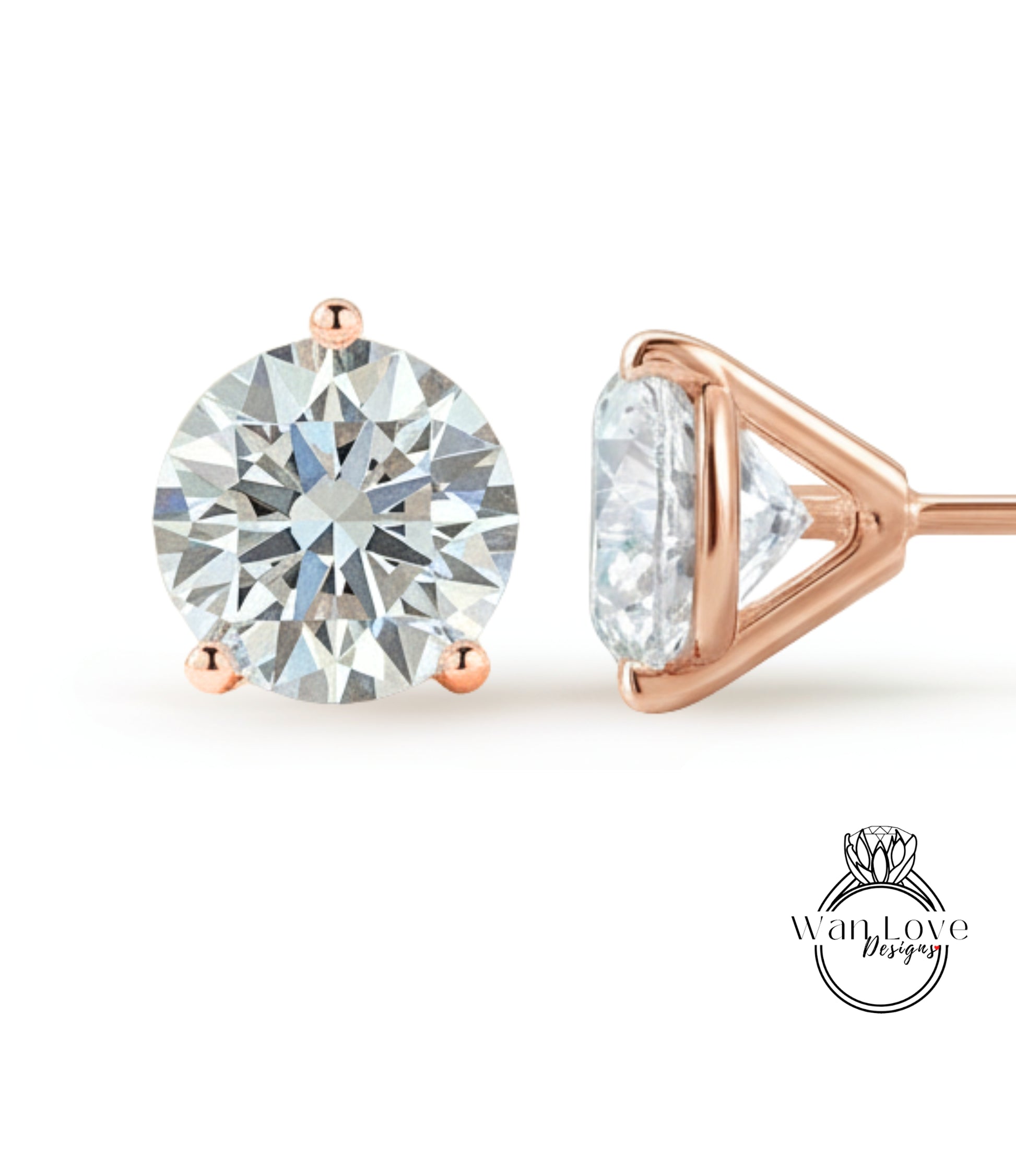 a pair of diamond earrings, one with a large round diamond and the other with a triangular cut diamond, both set in a rose gold-colored metal.
