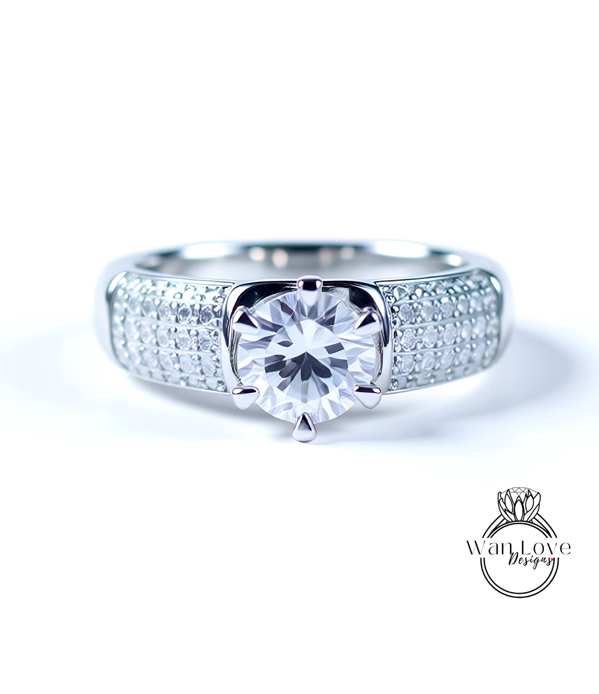 A close-up view of a diamond engagement ring with a large central diamond surrounded by smaller diamonds set in a silver band.