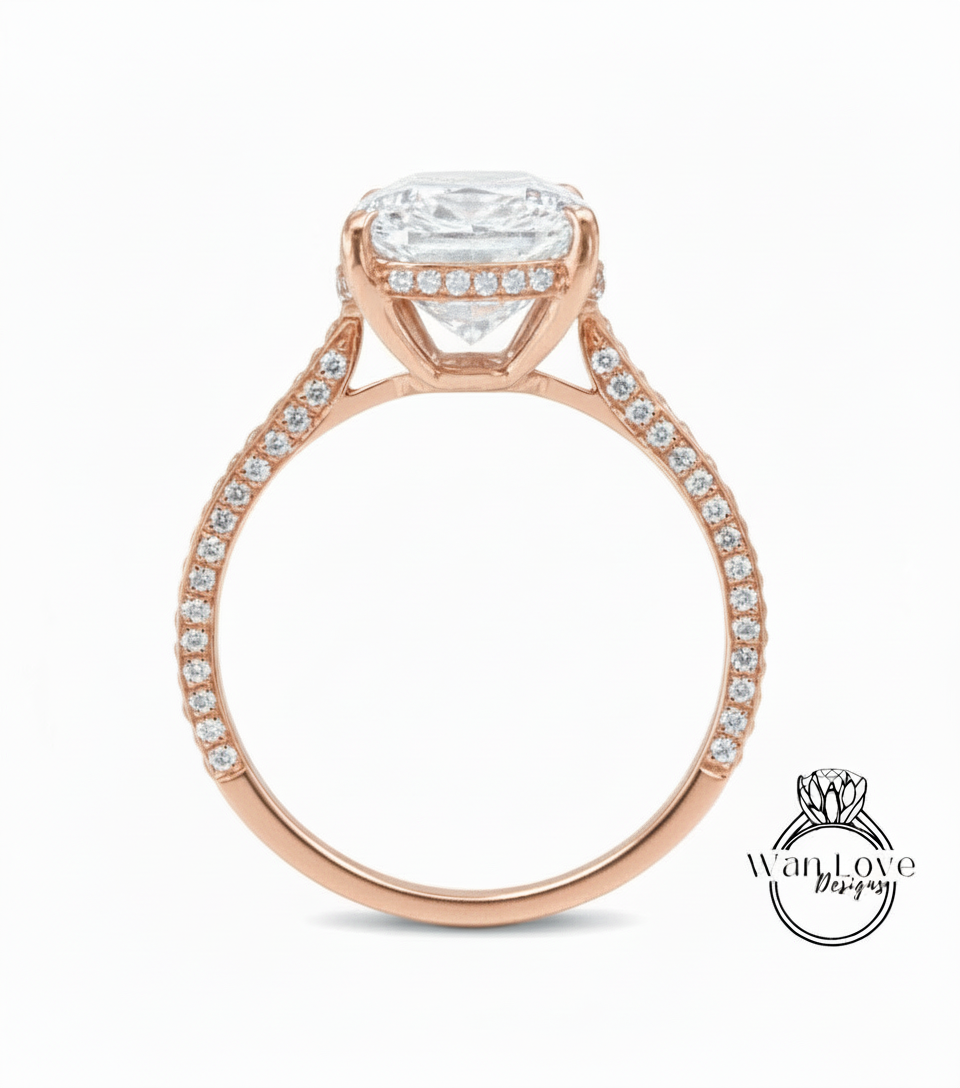 White Sapphire & Diamond Cushion 3 sided Band Celebrity Style Engagement Ring Custom 14k 18k White Yellow Rose Gold Platinum Wedding Anniversary Bridal Gift