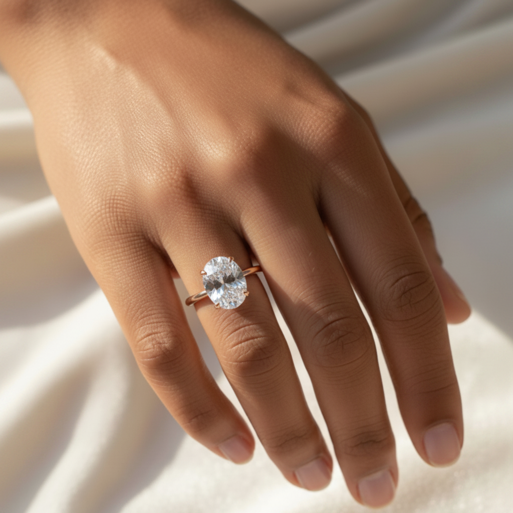 A close-up of a person's hand wearing a large oval-shaped diamond engagement ring.