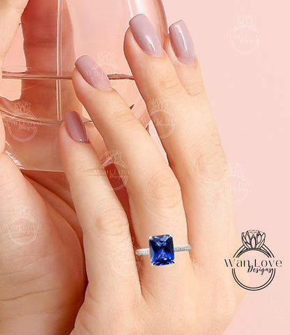5ct Celebrity style Blue Sapphire Diamond Engagement Ring, Emerald cut Sapphire Ring, Diamonds side hidden halo ring, Bridal Wedding Ring Wan Love Designs