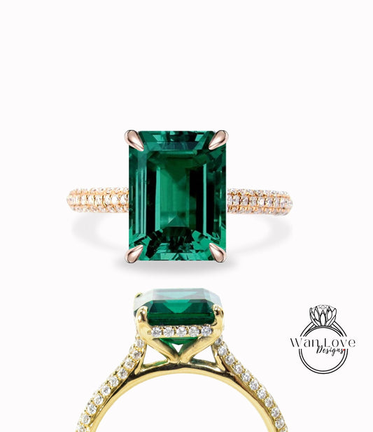 5ct Celebrity style Emerald Diamond Engagement Ring Emerald cut Ring Diamonds side hidden halo ring bridal wedding anniversary promise ring Wan Love Designs