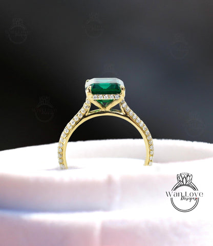 5ct Celebrity style Emerald Diamond Engagement Ring Emerald cut Ring Diamonds side hidden halo ring bridal wedding anniversary promise ring Wan Love Designs