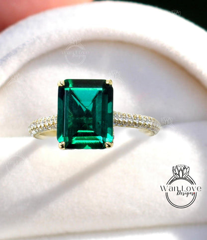 5ct Celebrity style Emerald Diamond Engagement Ring Emerald cut Ring Diamonds side hidden halo ring bridal wedding anniversary promise ring Wan Love Designs