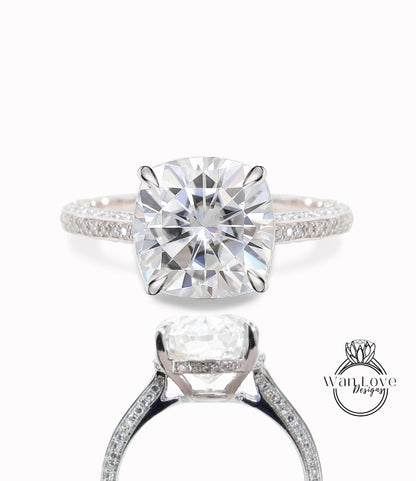 5ct Celebrity style Moissanite Diamond Engagement Ring, Cushion cut Moissanite Ring, Diamonds side hidden halo ring, Bridal Wedding Ring her Wan Love Designs