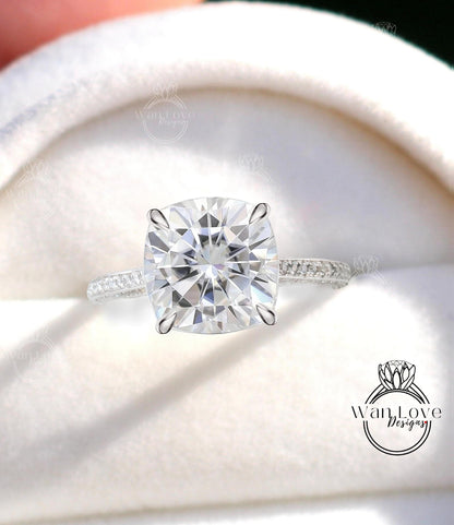 5ct Celebrity style Moissanite Diamond Engagement Ring, Cushion cut Moissanite Ring, Diamonds side hidden halo ring, Bridal Wedding Ring her Wan Love Designs