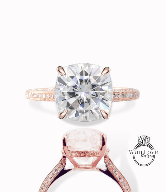5ct Celebrity style Moissanite Diamond Engagement Ring, Cushion cut Moissanite Ring, Diamonds side hidden halo ring, Bridal Wedding Ring her Wan Love Designs