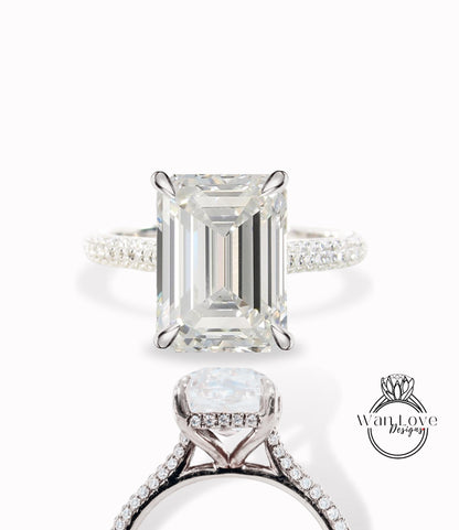 5ct Celebrity style Moissanite Diamond Engagement Ring, Emerald cut Moissanite Ring, Diamonds side hidden halo ring, Bridal Wedding Ring her Wan Love Designs