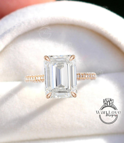 5ct Celebrity style Moissanite Diamond Engagement Ring, Emerald cut Moissanite Ring, Diamonds side hidden halo ring, Bridal Wedding Ring her Wan Love Designs