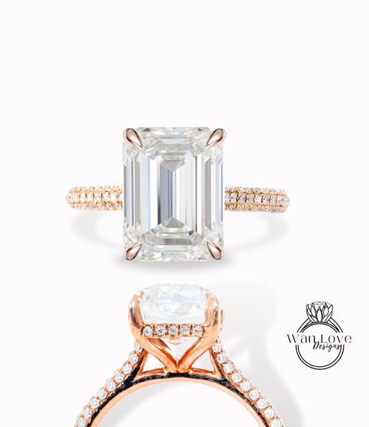 5ct Celebrity style Moissanite Diamond Engagement Ring, Emerald cut Moissanite Ring, Diamonds side hidden halo ring, Bridal Wedding Ring her Wan Love Designs