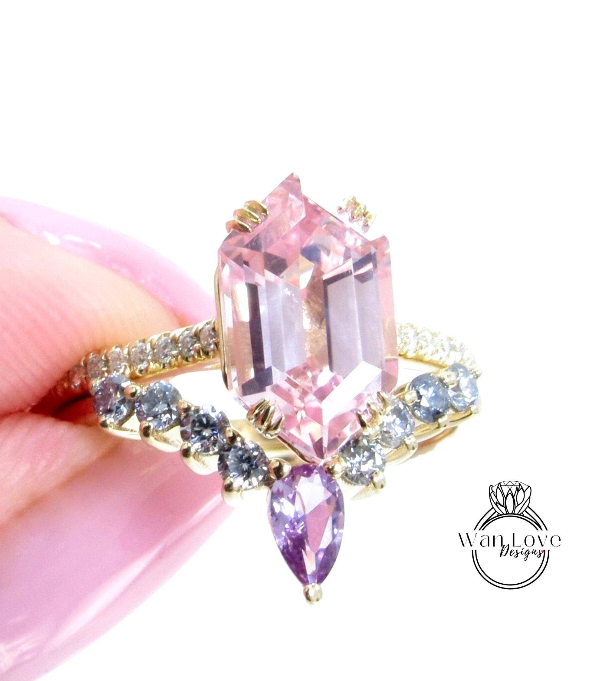 5ct Peach Sapphire Elongated Hexagon Engagement Ring Set Cluster V Chevron Gray Moissanite Purple Pear Wedding Band Custom Anniversary Gift Wan Love Designs