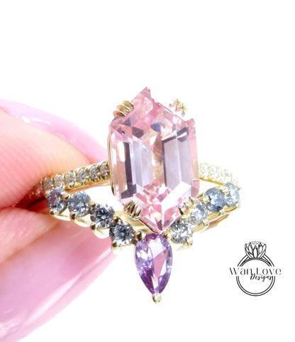 5ct Peach Sapphire Elongated Hexagon Engagement Ring Set Cluster V Chevron Gray Moissanite Purple Pear Wedding Band Custom Anniversary Gift Wan Love Designs