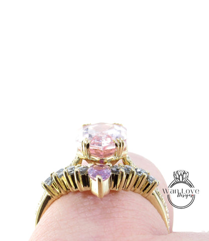 5ct Peach Sapphire Elongated Hexagon Engagement Ring Set Cluster V Chevron Gray Moissanite Purple Pear Wedding Band Custom Anniversary Gift Wan Love Designs