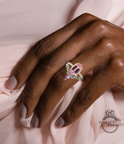 5ct Peach Sapphire Elongated Hexagon Engagement Ring Set Cluster V Chevron Gray Moissanite Purple Pear Wedding Band Custom Anniversary Gift Wan Love Designs