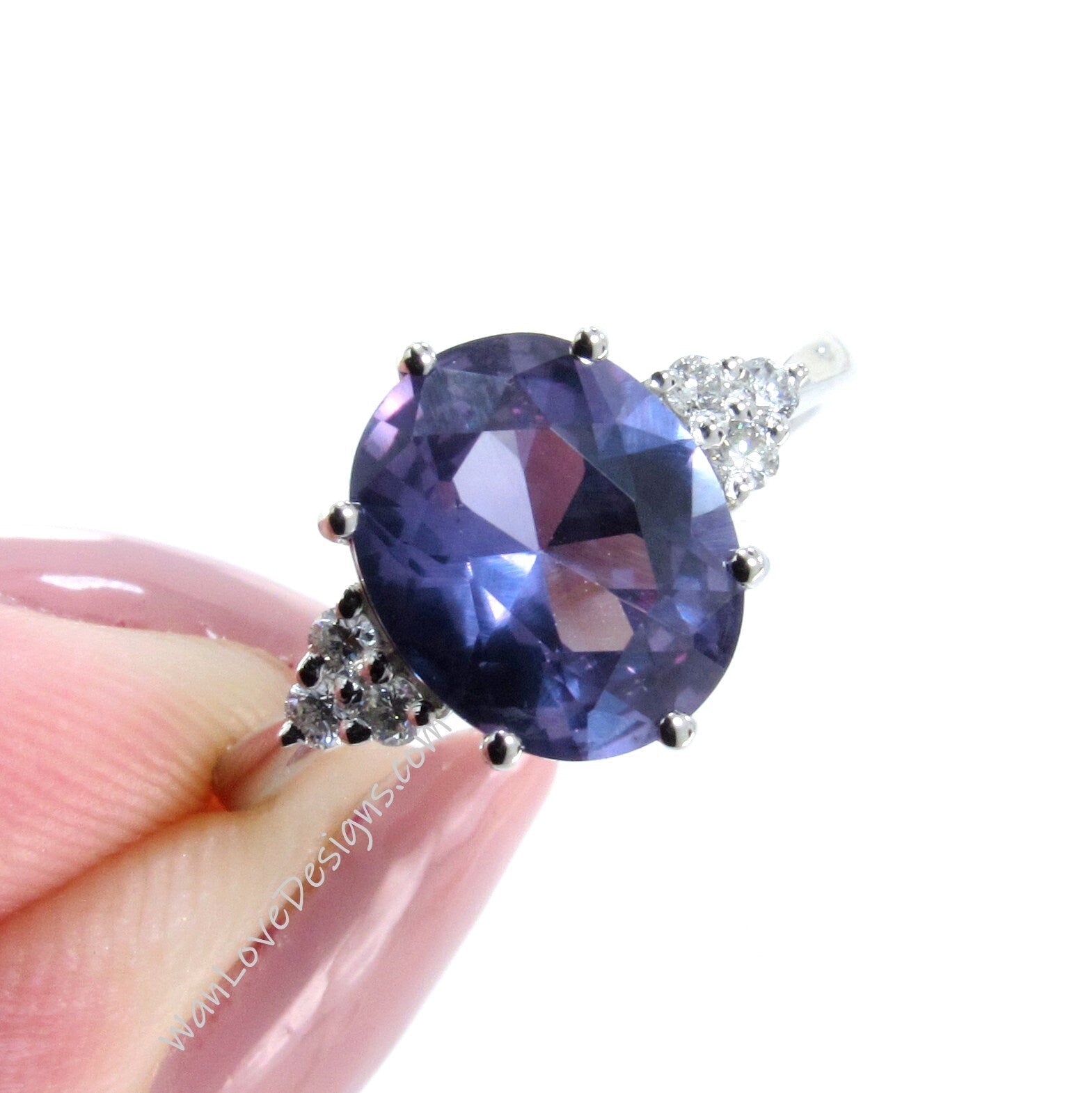 5ct Purple Sapphire Alexandrite color Change Oval engagement ring vintage Unique diamond Cluster Platinum engagement ring women gift-Ready Wan Love Designs