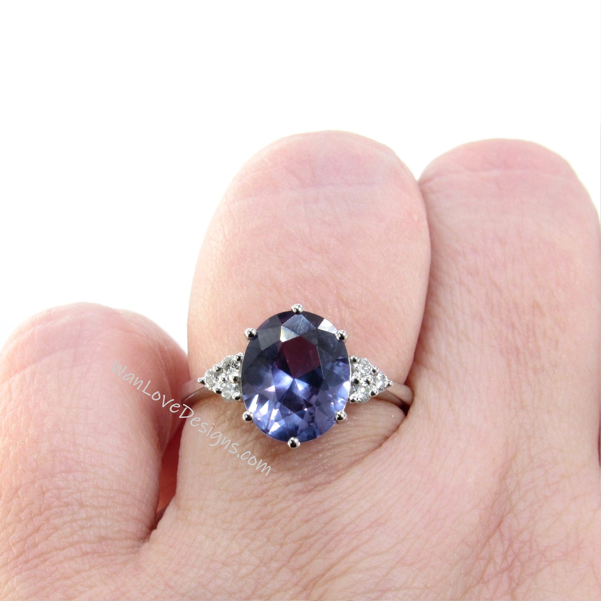 5ct Purple Sapphire Alexandrite color Change Oval engagement ring vintage Unique diamond Cluster Platinum engagement ring women gift-Ready Wan Love Designs