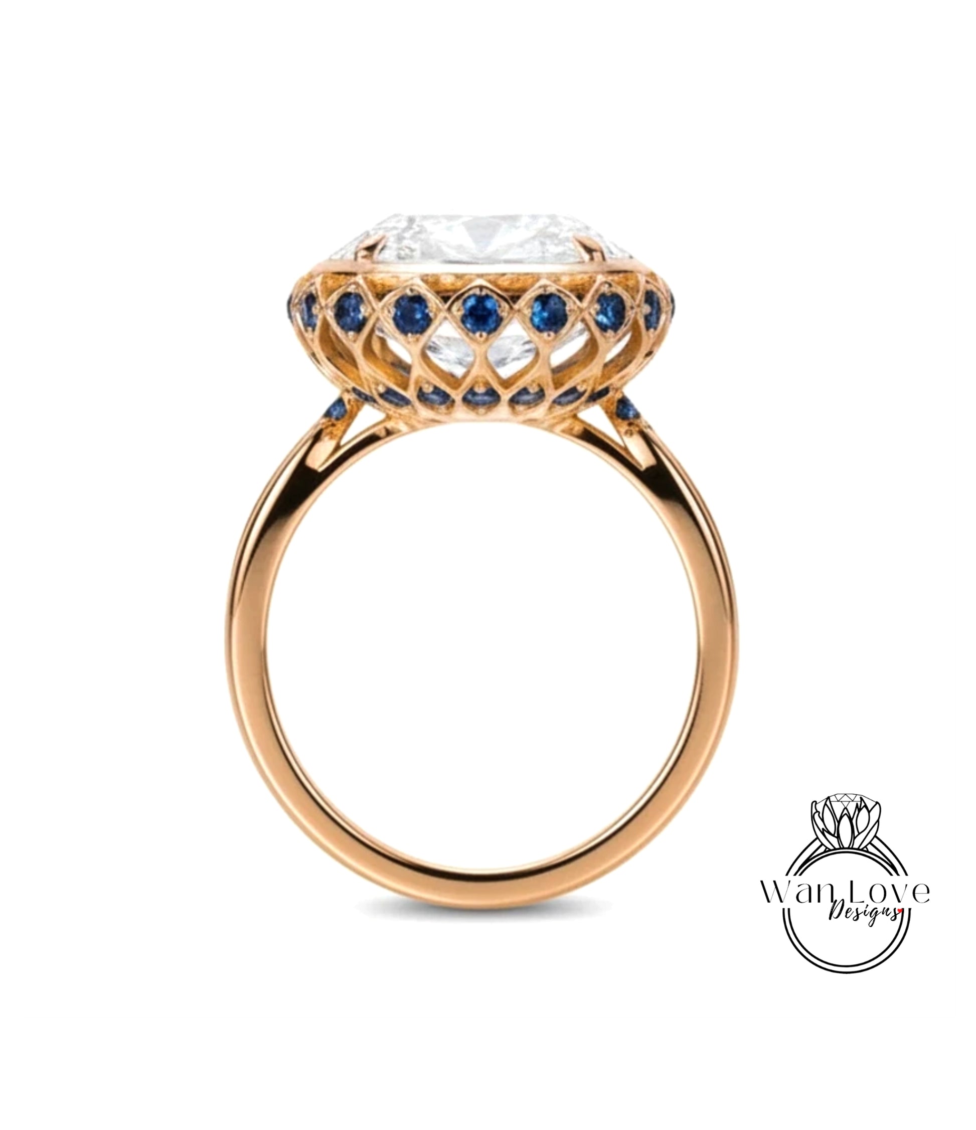A gold ring with a large, round diamond at the center, surrounded by a lattice of smaller diamonds.