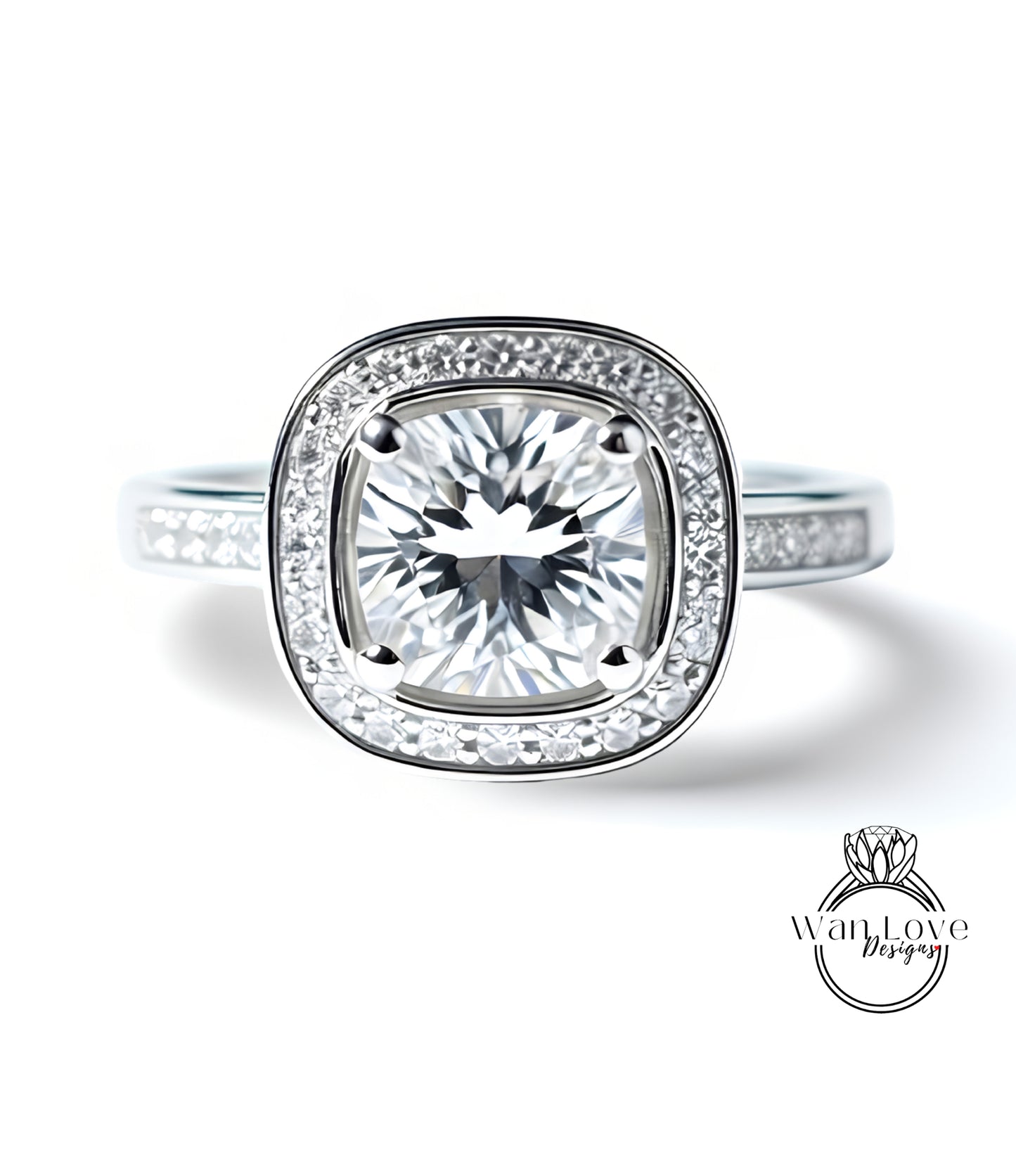 A stunning engagement ring with a large, brilliant-cut diamond set in a halo of smaller diamonds, surrounded by a silver band.