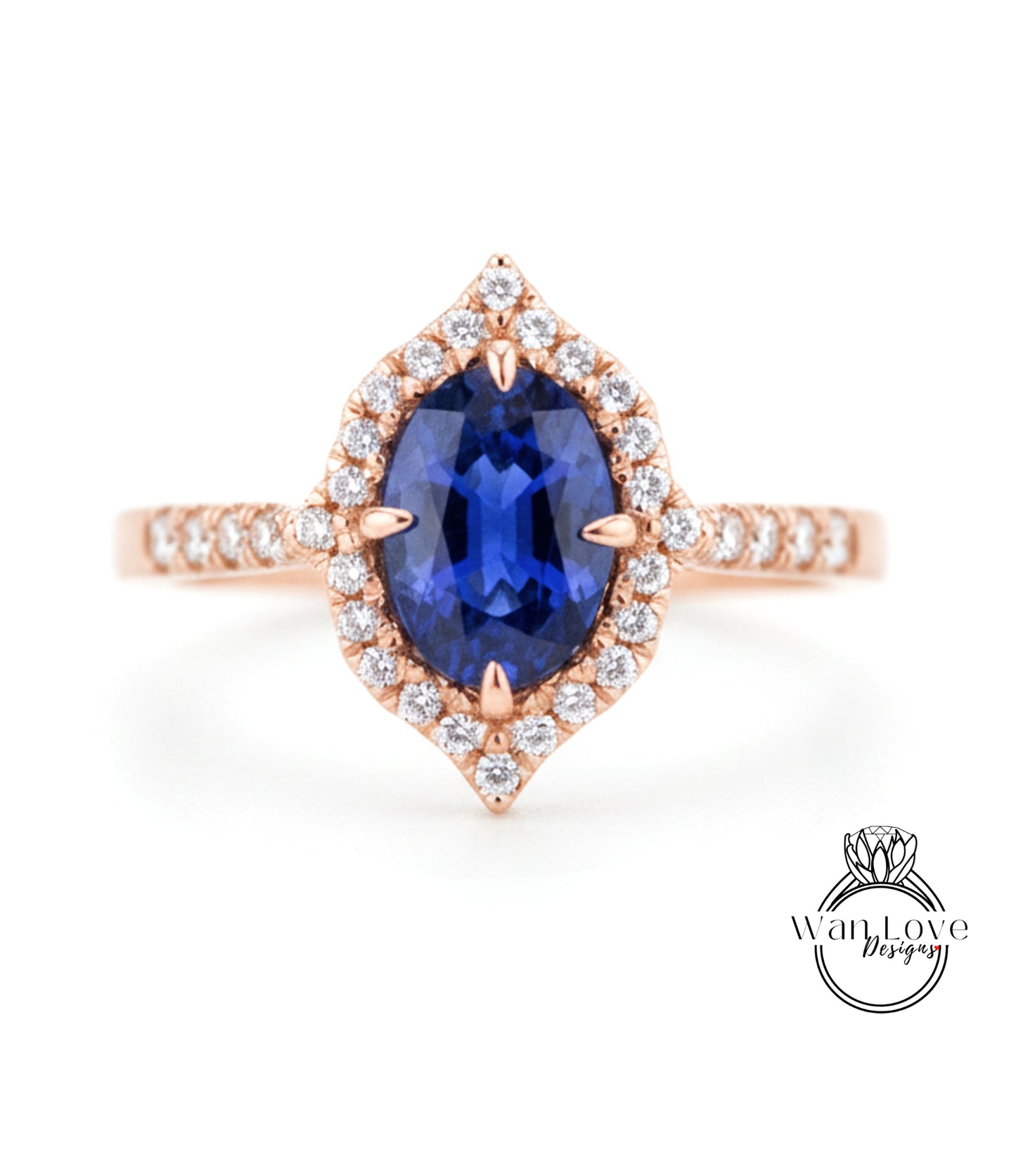A rose gold ring with a large oval-shaped blue gemstone at the center, surrounded by smaller diamonds.