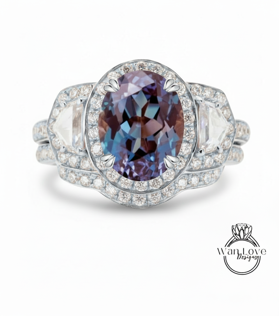 A stunning engagement ring featuring a large oval-shaped gemstone surrounded by a halo of smaller diamonds, set in a silver band.