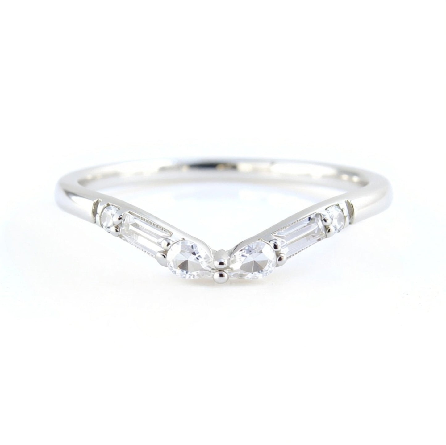 White Sapphire art deco Wedding Band, Baguette Pear Round Curved Nesting band Engagement Ring, White Gold bridal ring Anniversary band-Ready