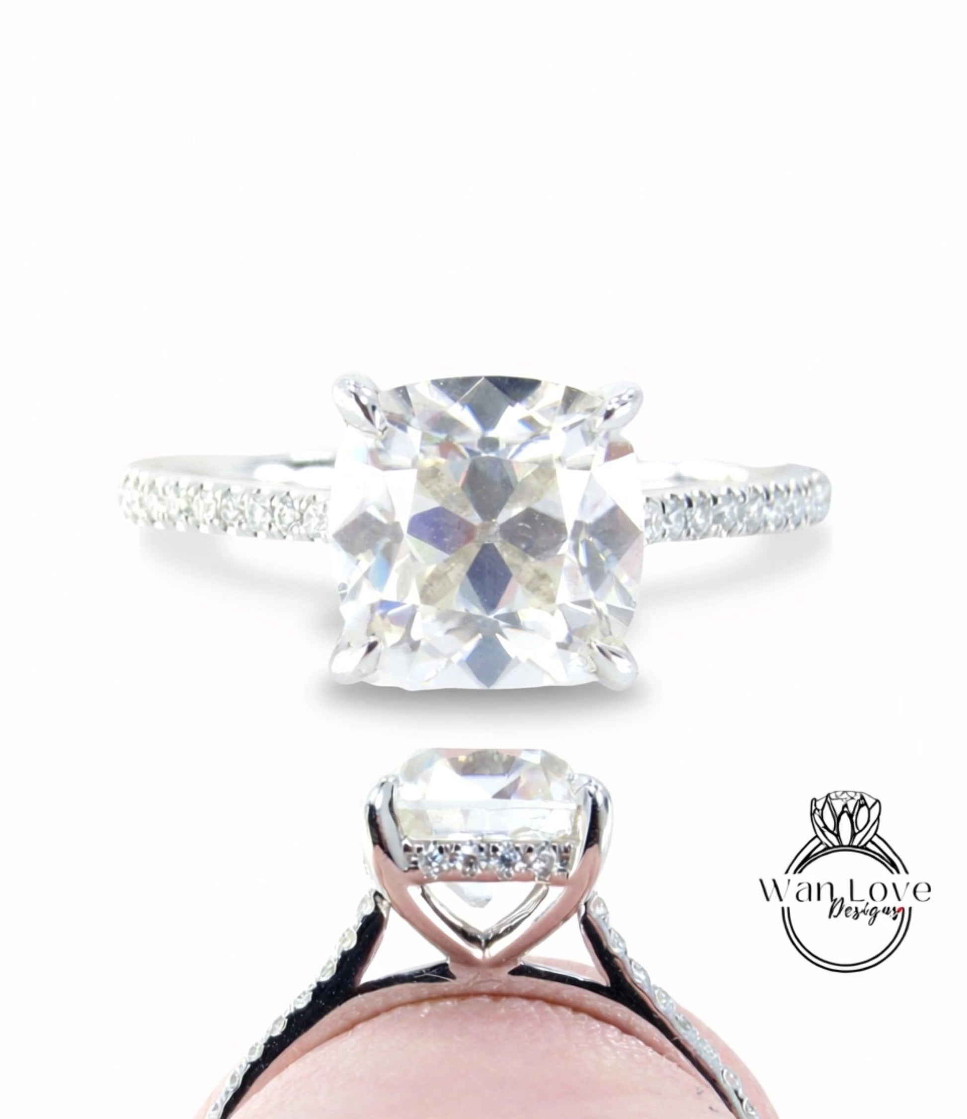 A close-up view of a diamond engagement ring with a large, clear gemstone set in a silver band.