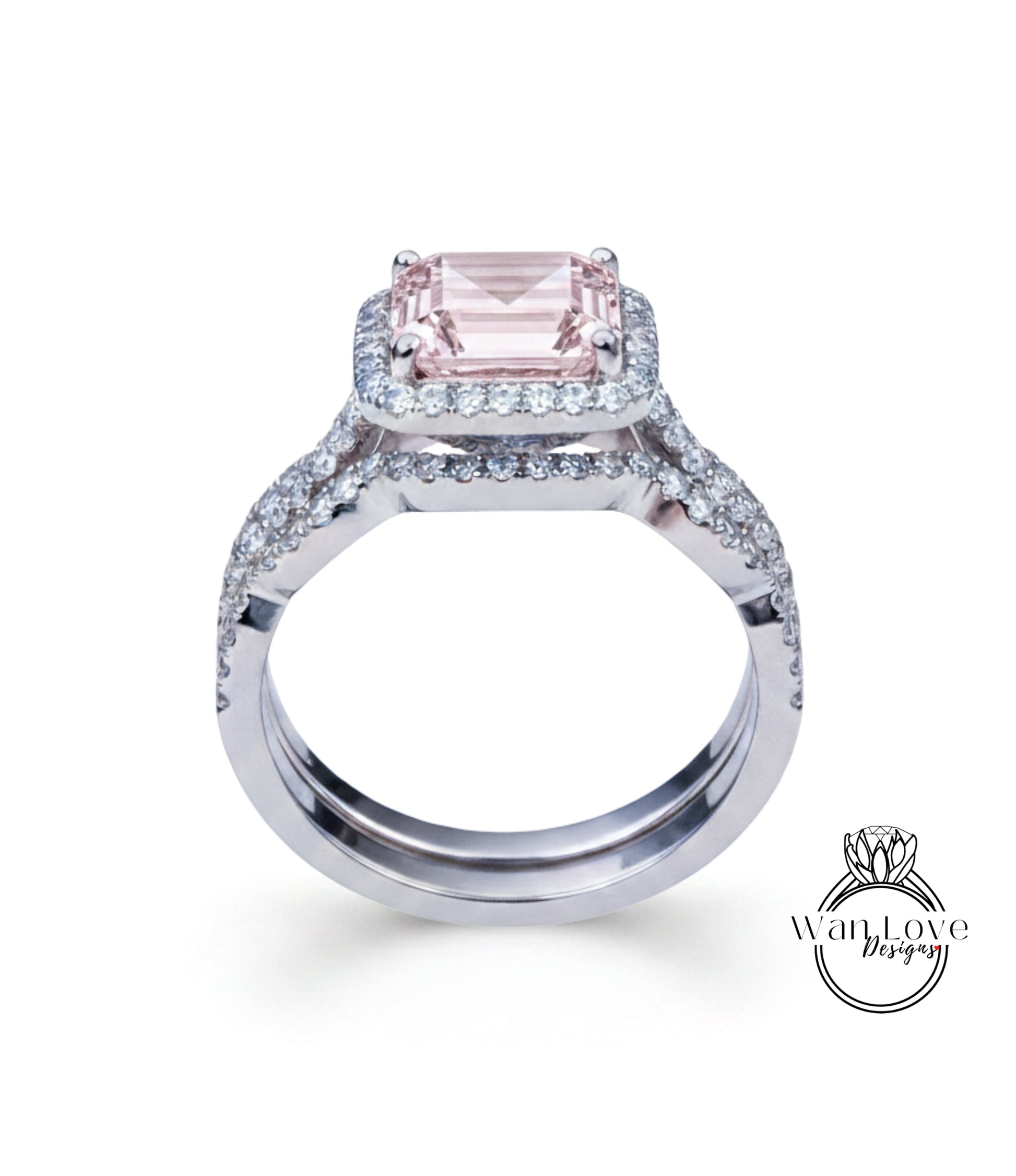 A beautiful engagement ring with a large pink gemstone set in a halo of smaller diamonds, showcasing the intricate craftsmanship and attention to detail.
