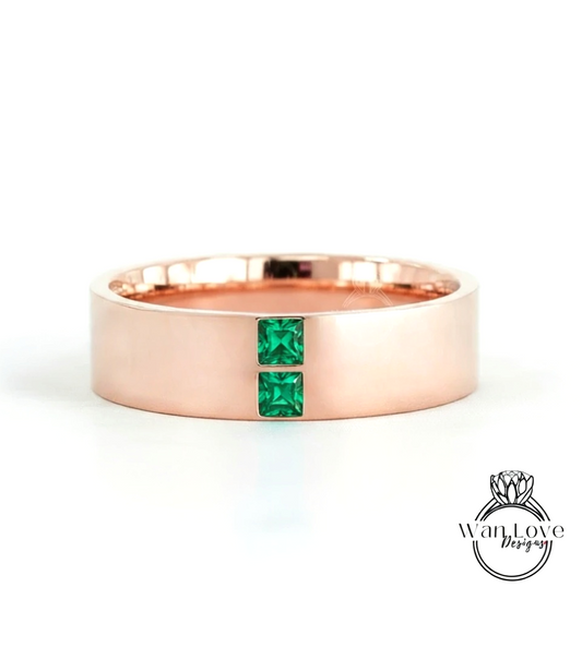 Mens Emerald Wedding Ring | Solid Rose Gold Mens Wedding Band | Princess Cut Diamond Band | Green Emerald Square Ring | His Birthstone Band