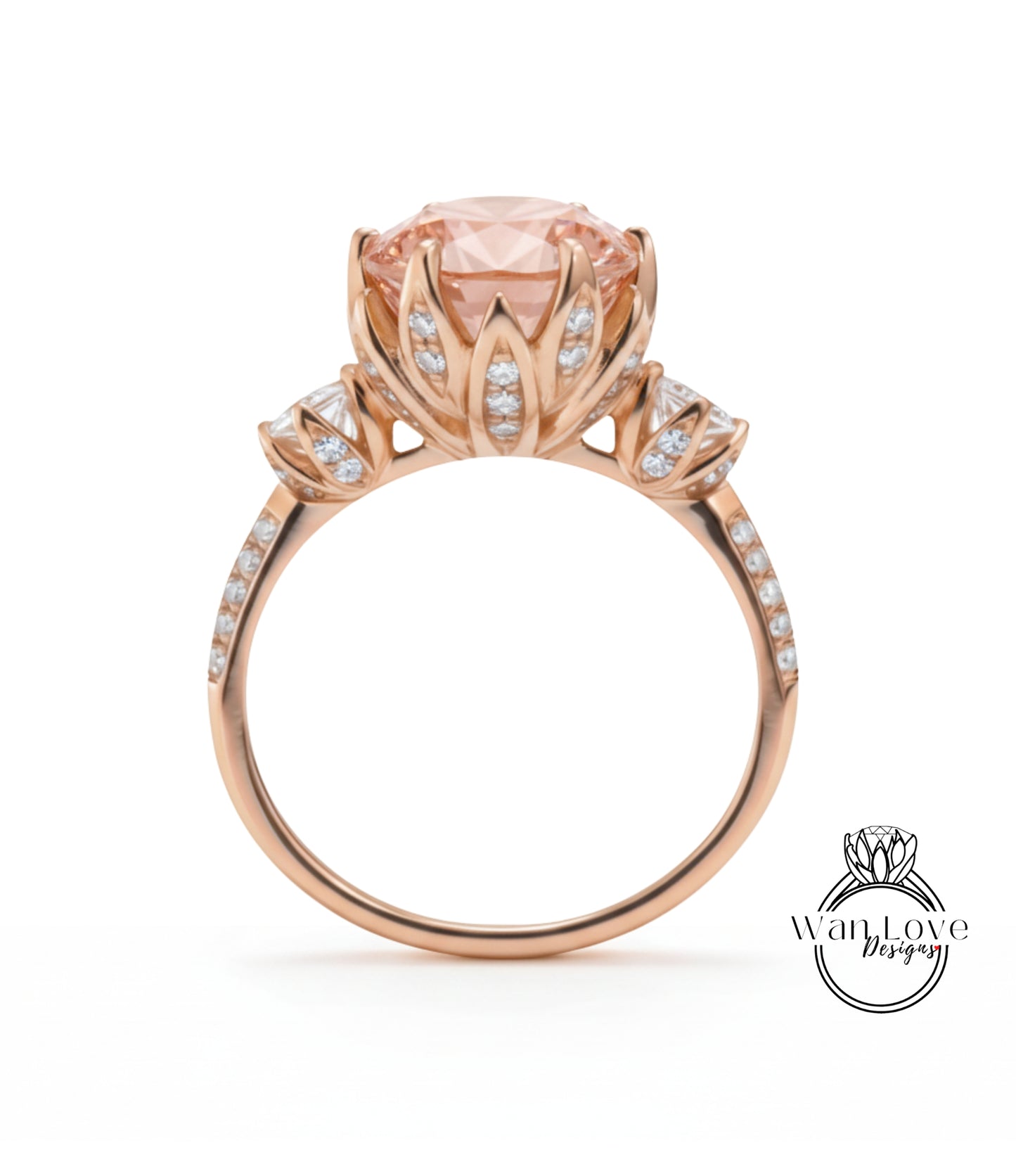 A beautiful rose gold engagement ring with a large, round pink gemstone set in a delicate floral design.