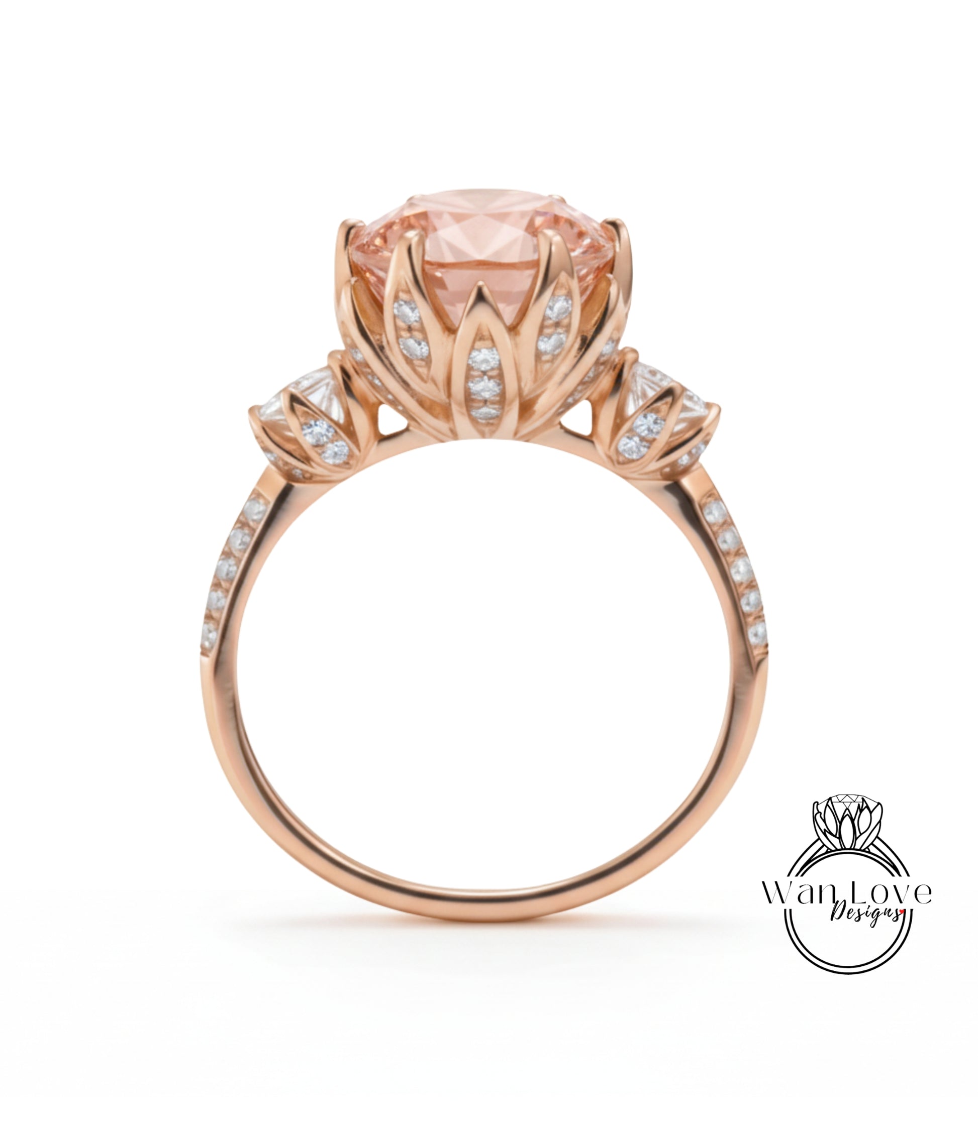 A beautiful rose gold engagement ring with a large, round pink gemstone set in a delicate floral design.