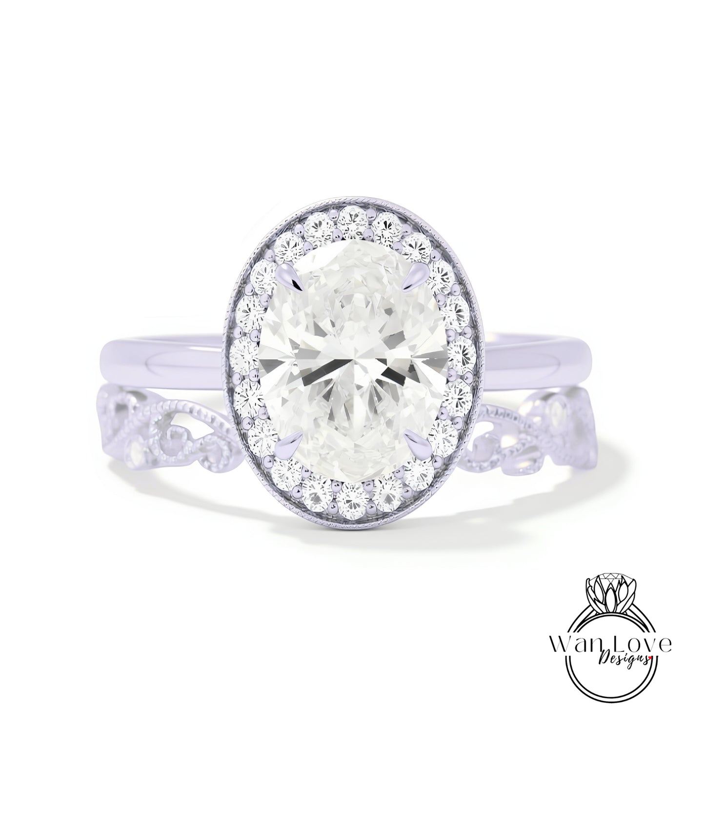 A close-up view of a diamond engagement ring with a large round diamond set in a halo of smaller diamonds, surrounded by a delicate floral band.