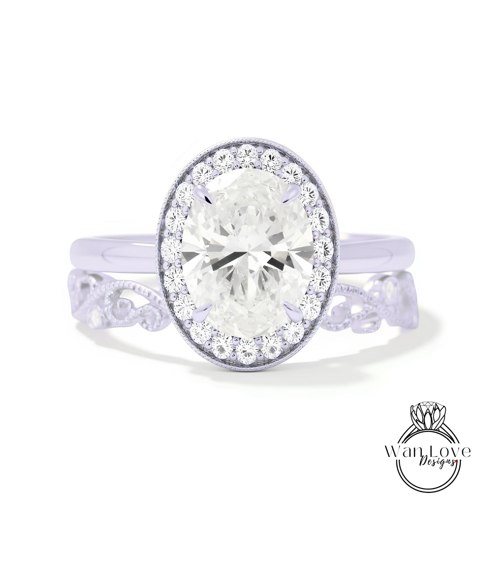 A close-up view of a diamond engagement ring with a large round diamond set in a halo of smaller diamonds, surrounded by a delicate floral band.