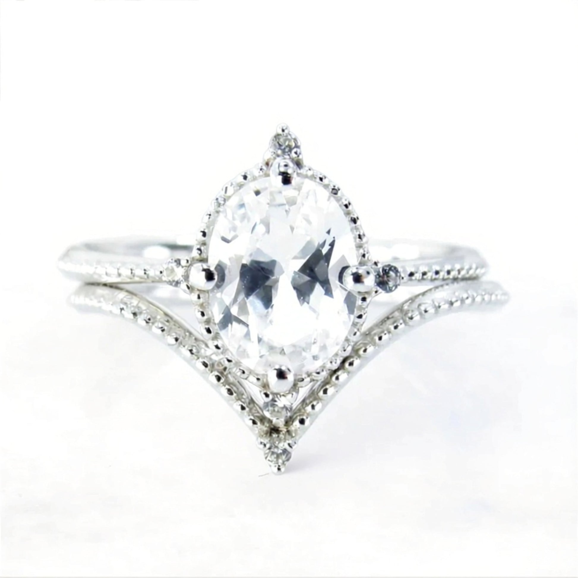 Oval White Sapphire engagement ring set vintage unique white gold engagement ring women Milgrain ring wedding Bridal Promise, Ready to Ship Wan Love Designs