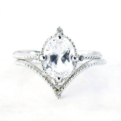 Oval White Sapphire engagement ring set vintage unique white gold engagement ring women Milgrain ring wedding Bridal Promise, Ready to Ship Wan Love Designs