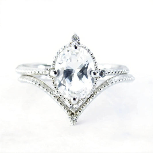 Oval White Sapphire engagement ring set vintage unique white gold engagement ring women Milgrain ring wedding Bridal Promise, Ready to Ship Wan Love Designs