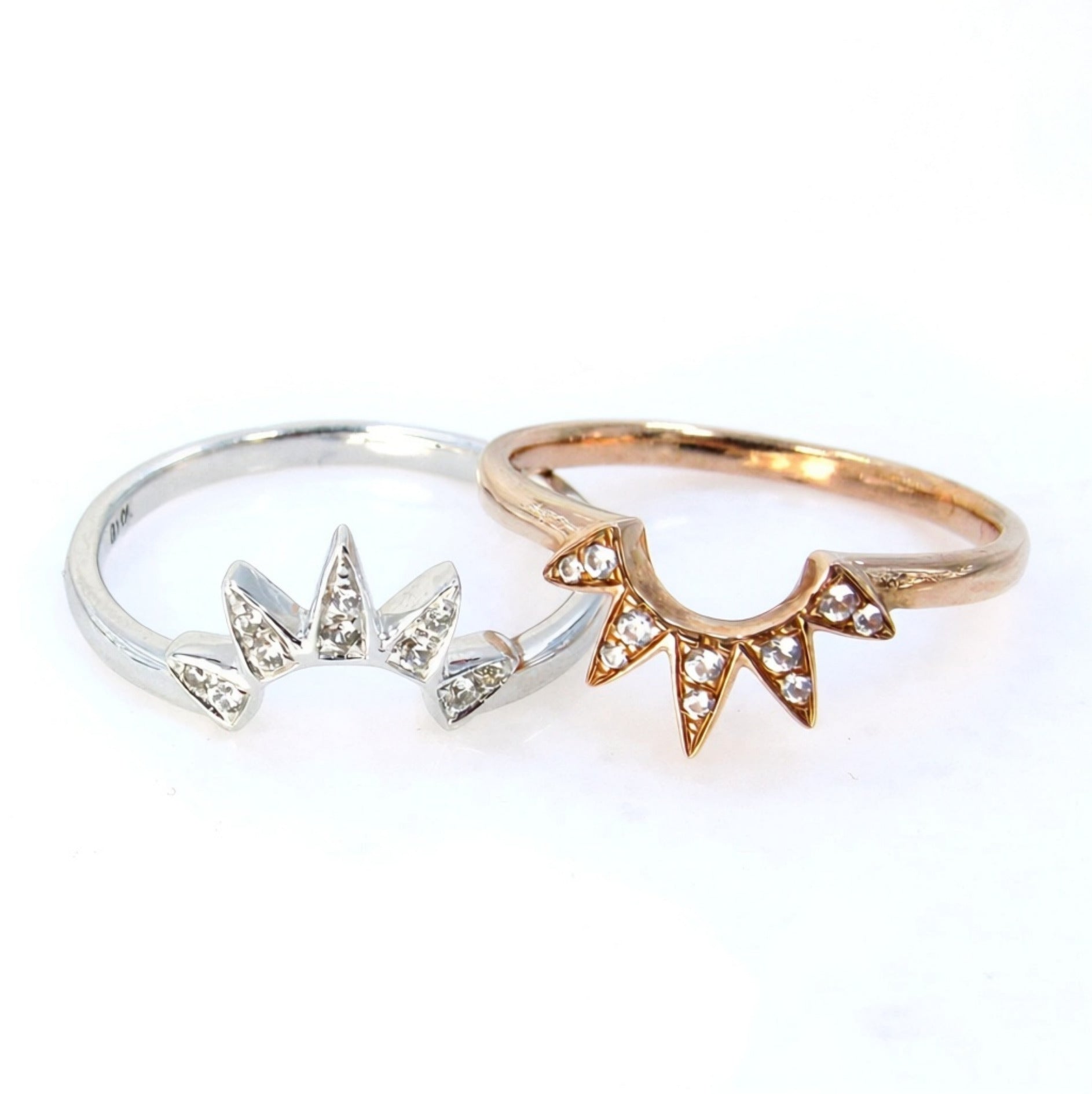 White Sapphire Starburst Wedding Band, Pointed Star Ring, Sunburst, Curved, Nesting, Rose Gold, White Gold, Custom, Engagement-Ready to Ship