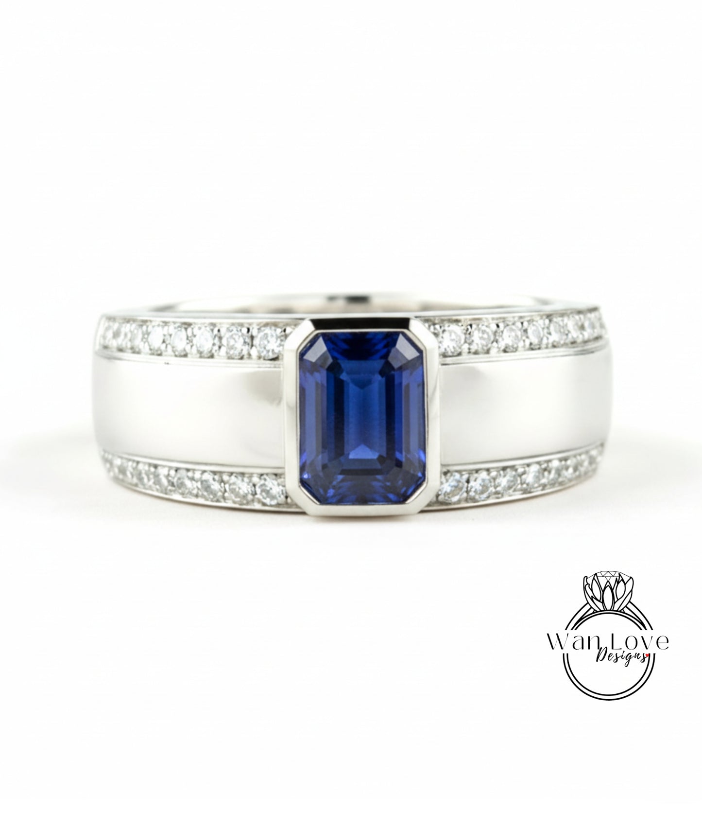 A silver ring with a large blue gemstone in the center, surrounded by smaller diamonds.