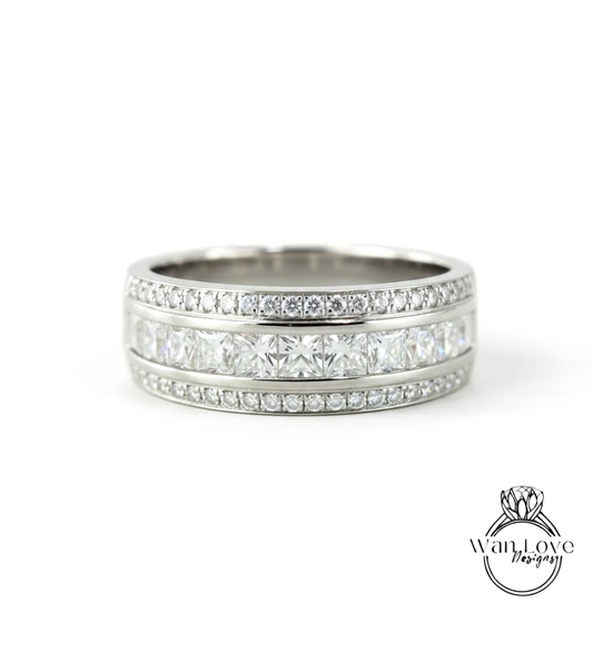 Mens Princess Cut Diamond Wedding Band, Moissanite Mans Ring, Solid Gold 10/14k/18k Wedding Ring, Gold Wedding Ring, His Birthstone Band