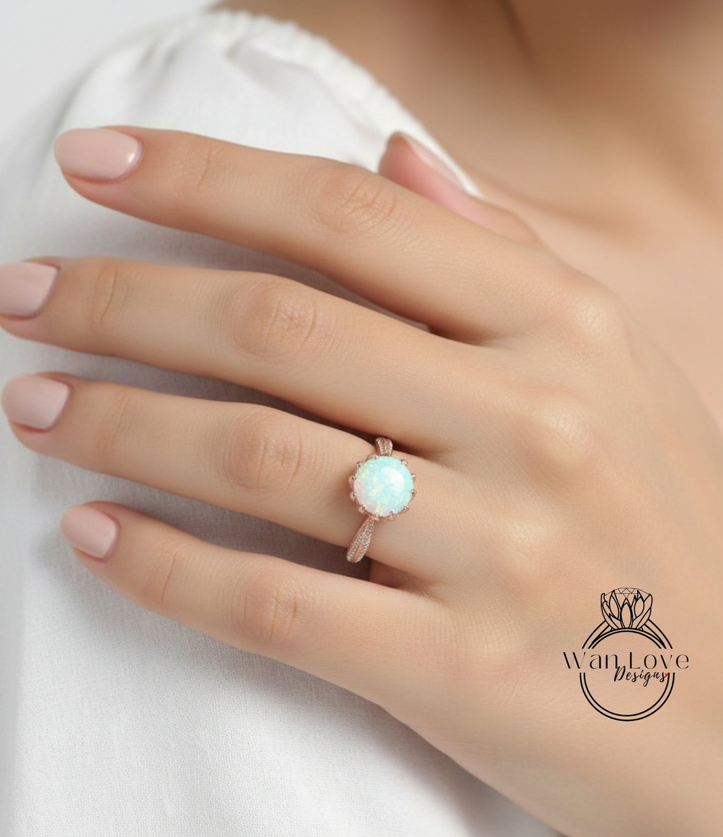 A close-up of a person's hand wearing a ring with a large, round opal stone.