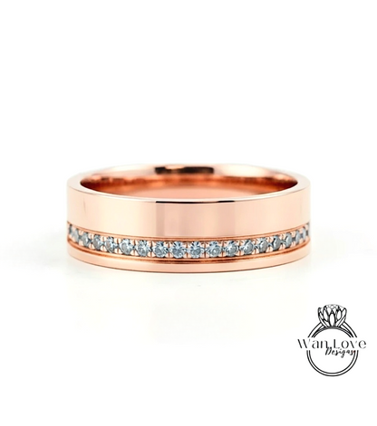 Diamond Mens Wedding Band, Bottom or Top row gems Cigar Band, 14k White Rose Gold Ring, Mens Band, Mans Birthstone Commitment Band