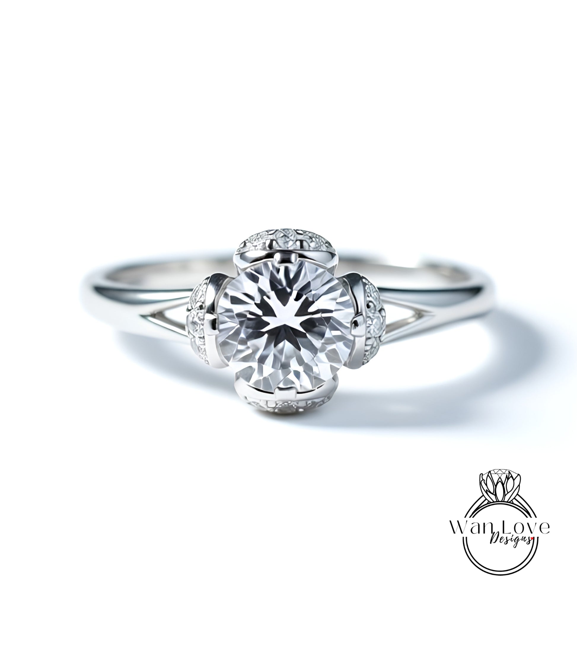 A close-up view of a diamond engagement ring with a large central diamond surrounded by smaller diamonds on the band.