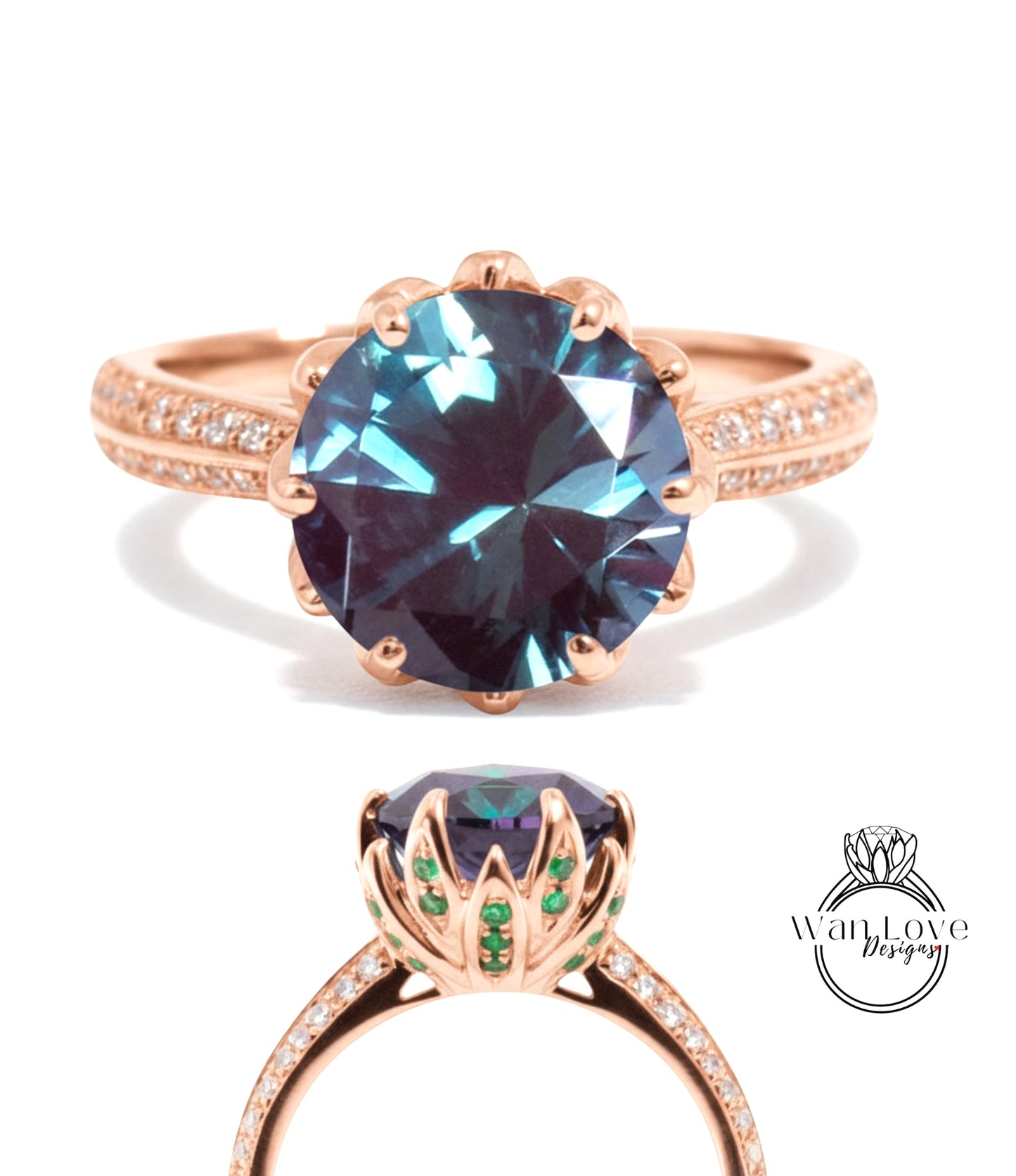 a beautiful engagement ring with a large blue gemstone set in a rose gold band. The ring is adorned with small diamonds around the band, adding to its elegance. The image showcases the ring from two different angles, providing a comprehensive view of its design and details.
