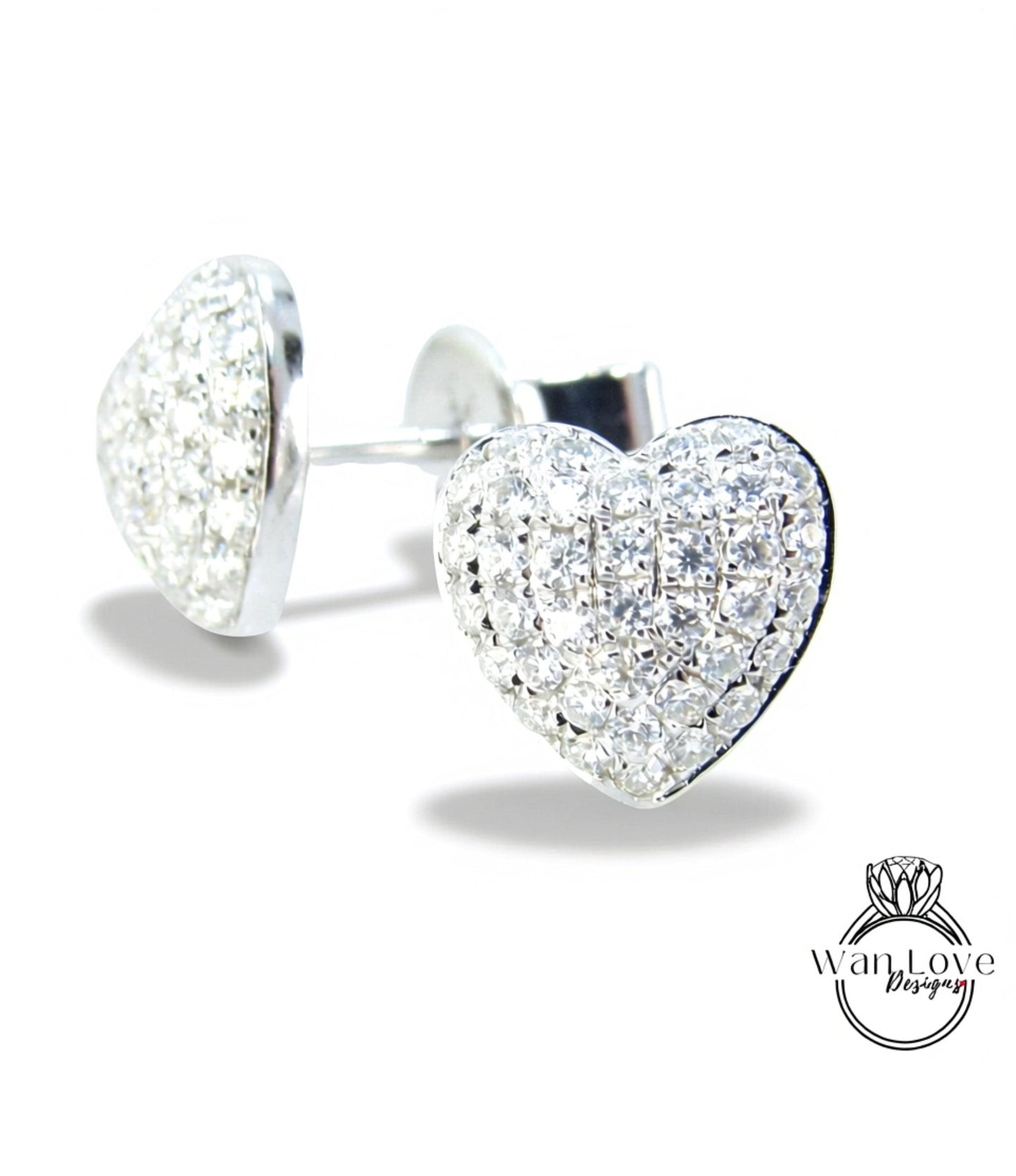 Heart Pave Earrings Moissanite White Gold Pave Pillow Puff Dome, Custom, Wedding, Anniversary Gift, Ready to Ship Wan Love Designs