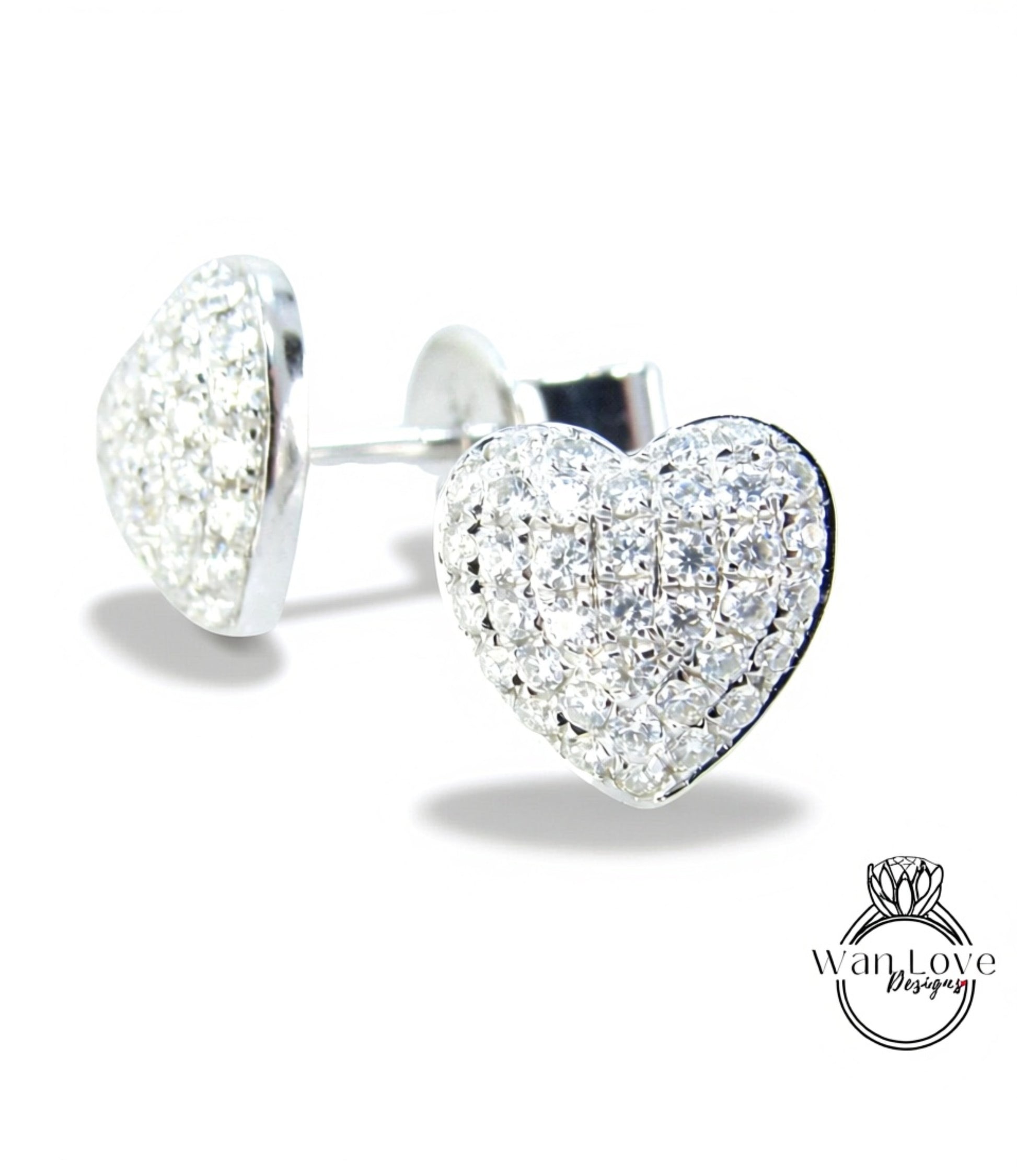 Heart Pave Earrings Moissanite White Gold Pave Pillow Puff Dome, Custom, Wedding, Anniversary Gift, Ready to Ship Wan Love Designs