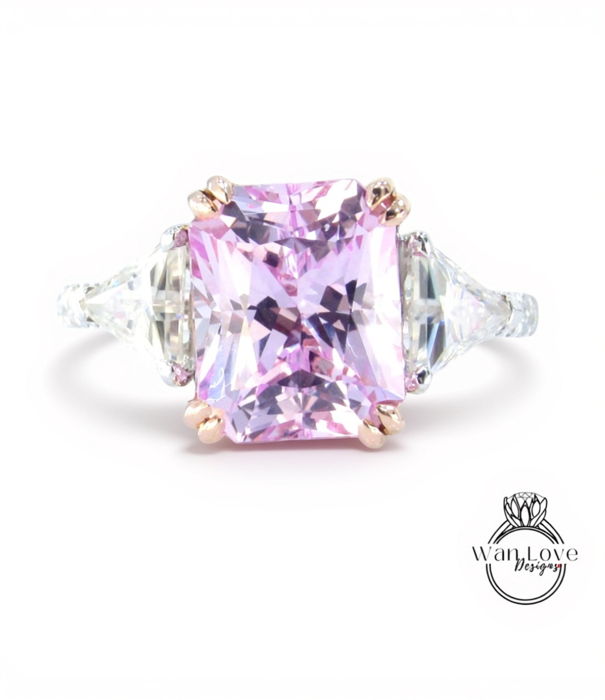 A large, pink gemstone ring with a diamond-encrusted band.