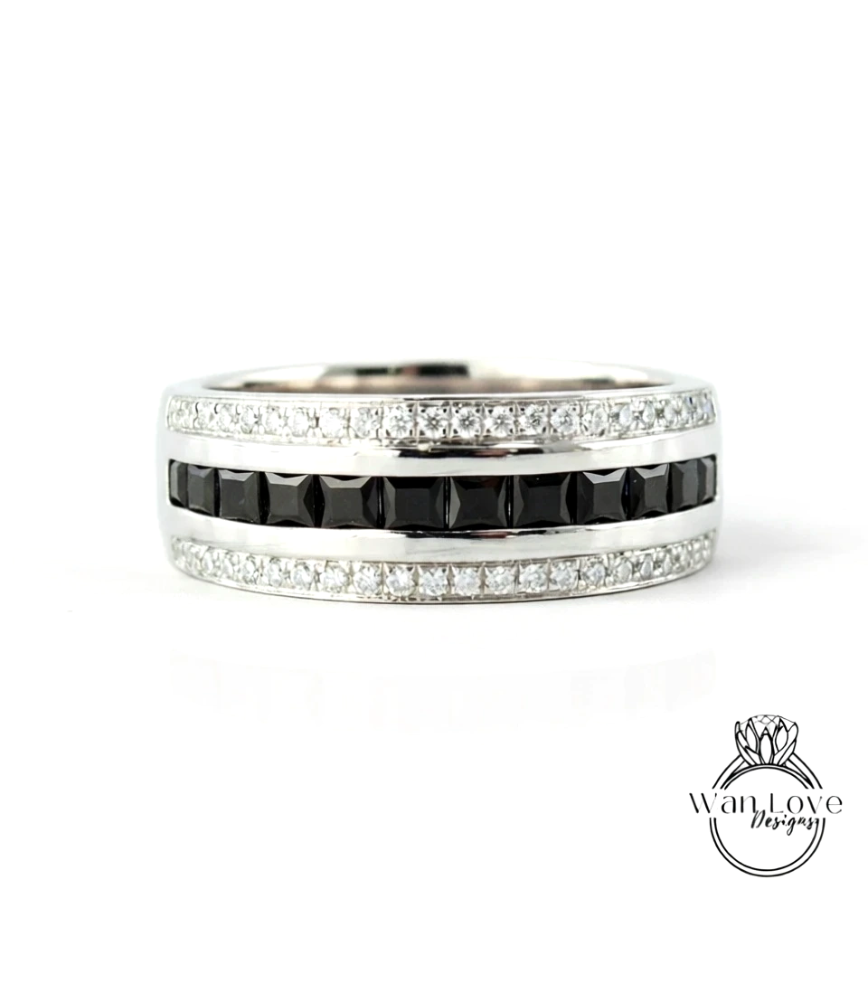 Princess cut Black Spinel and Diamond Men Ring in 14k White Gold | Black Moissanite Ring | Wedding Ring | Gifts For Him | Diamond Mens Rings