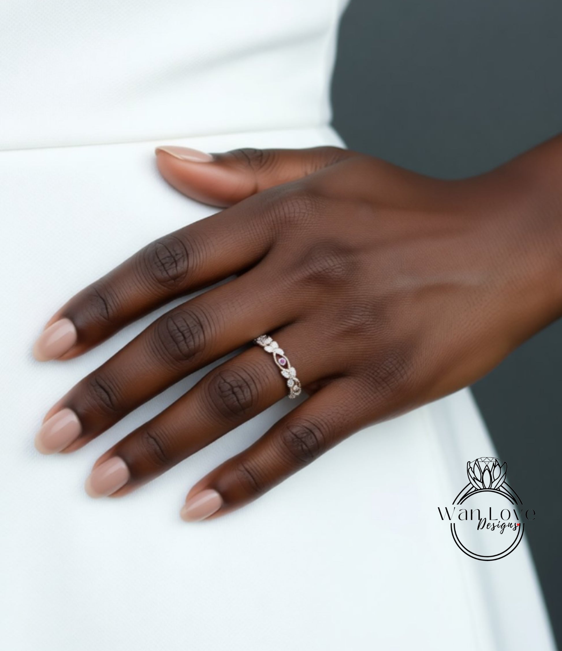 A close-up of a hand wearing a ring on the ring finger.
