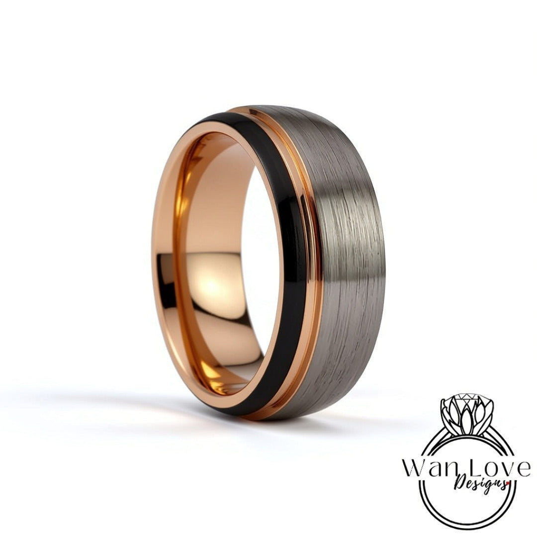 Brushed Tungsten Ring with Black & Rose Gold - Mens Brushed Silver Wedding Band - Rose gold stripe Ring, Mens 8mm Ring,Tungsten Wedding Ring Wan Love Designs